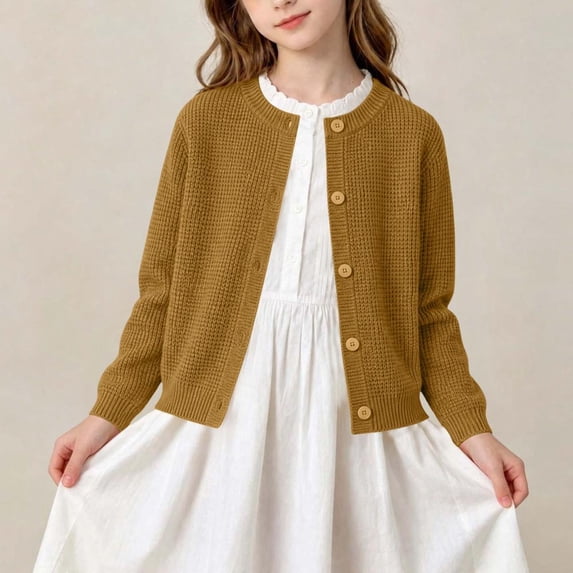 Umfun Girls Pointelle Knit Cardigan Button Down Crew Neck Sweater Jacket for School and Daily Wear