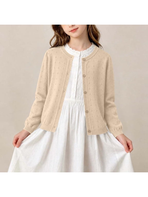 Girls Pointelle Knit Cardigan Button Down Crew Neck Sweater Jacket for School and Daily Wear