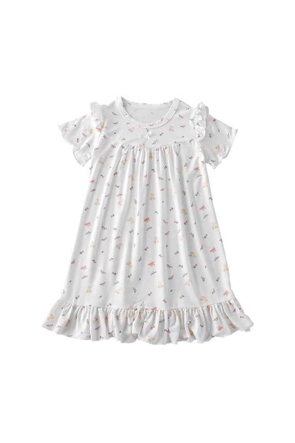 Girls Ruffle Short Sleeve Nightgown Crew Neck Bow Detail A-Line Sleep Dress Loungewear