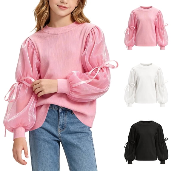 Umfun Girls Sheer Sleeve Tie Detail Sweatshirt - Crewneck Long Sleeve Pullover Top with Ribbed Cuffs Cozy Casual Fall Winter Outfit for School and Weekend Outings