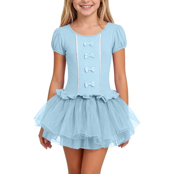 Umfun Girls Short Sleeve Bow Tulle Tutu Dress Ruched A-Line Party Performance Dress