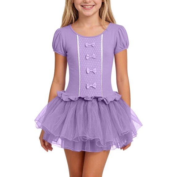 Umfun Girls Short Sleeve Bow Tulle Tutu Dress Ruched A-Line Party Performance Dress