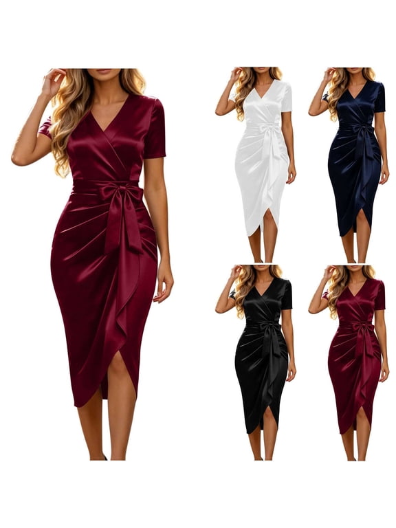 Graced Silky Satin Wrap Midi Dresses for Women with a Deep V-Neck, Short Sleeves, and a Flattering Tie-Waist Design Perfect for Stylish Cocktail Parties