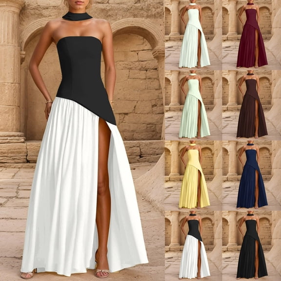 Umfun Graced Women's Two-Tone High Slit Maxi Dress with Choker Neckline - Strapless A-Line Formal Gown Perfect for Evening Galas & Weddings