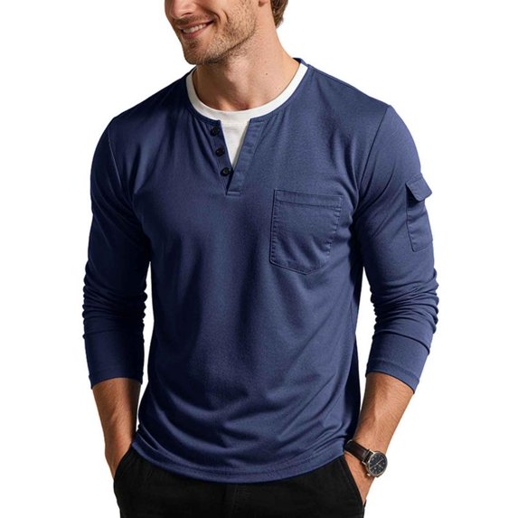 Umfun Henley Neck Long Sleeve Shirts for Men Casual Work Tops - Button Down Pocket Slim Fit Shirt.