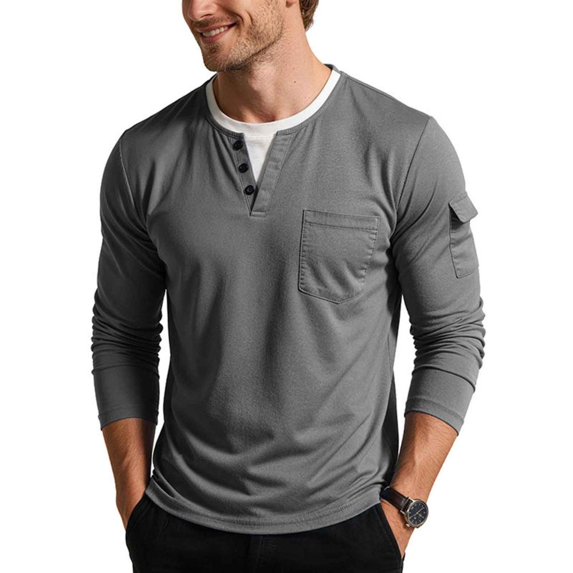 Umfun Henley Neck Long Sleeve Shirts for Men Casual Work Tops - Button Down Pocket Slim Fit Shirt.