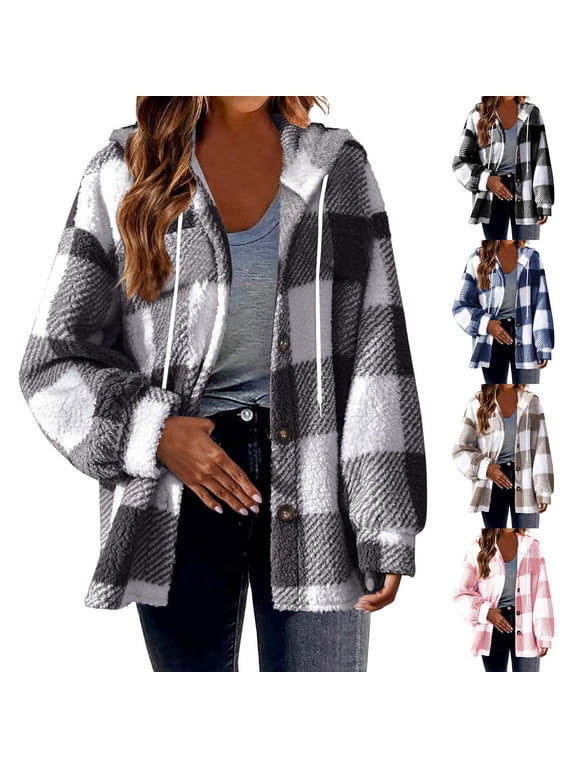 Hooded Buffalo Plaid Fleece Jacket for Women - Cozy Button Down Sherpa Coat with Drawstring Hood for Cold Weather Lounging and Casual Winter Outings
