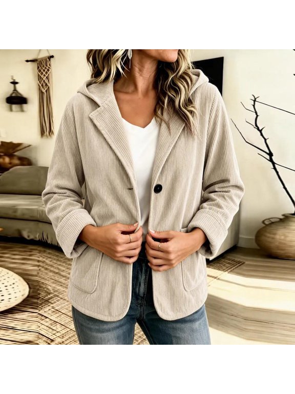Hooded Button Down Long Sleeve Jackets for Women Casual Work Tops - Loose Fit Blazer Coat for Daily Wear.