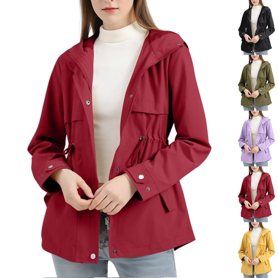 Umfun Hooded Drawstring Waist Utility Jacket for Women - Lightweight Adjustable Outdoor Coat with Flap Pockets for Spring Commute and Autumn Travel