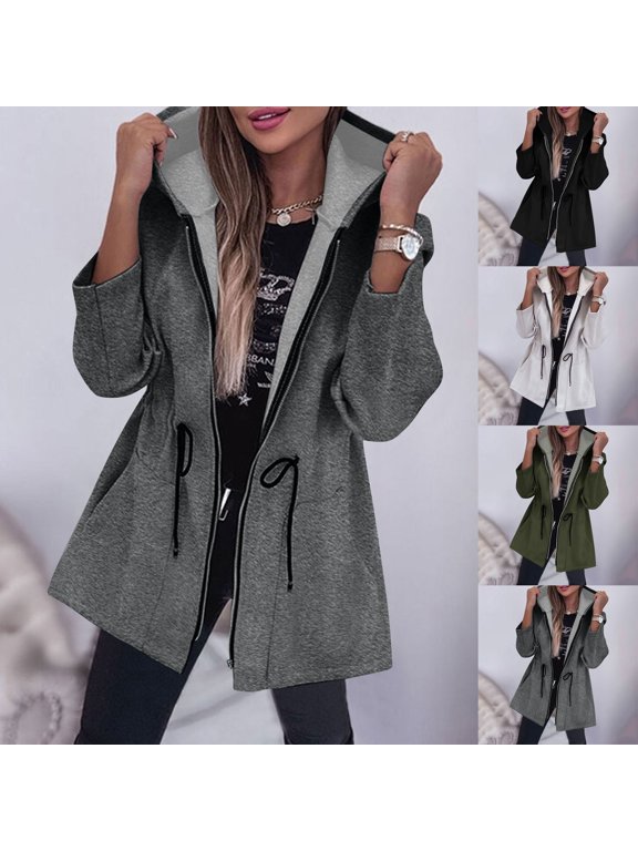 Hooded Zip Up Drawstring Waist Activewear Jacket for Women - Lightweight Versatile Casual Coat with Adjustable Waist Tie for Fall Commute and Casual Lounging