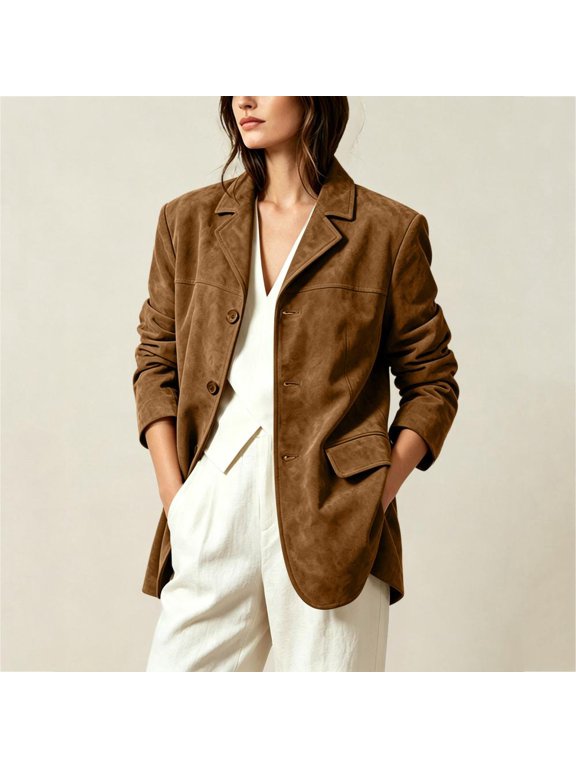 Jackets for Women Suede Texture Button Down Relaxed Casual Fall Winter Mid-Length Outerwear Coats for Women Work Office and Casual Daily Wear Activities