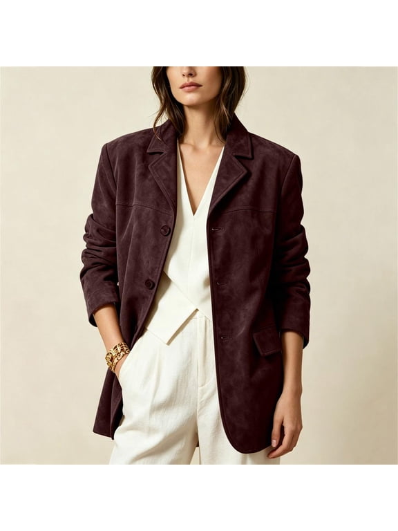Jackets for Women Suede Texture Button Down Relaxed Casual Fall Winter Mid-Length Outerwear Coats for Women Work Office and Casual Daily Wear Activities