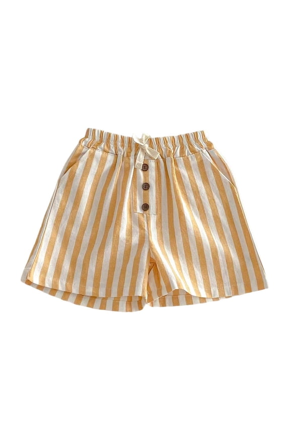 Kids' Elastic Waist Striped Shorts Drawstring Casual Shorts with Button Detail