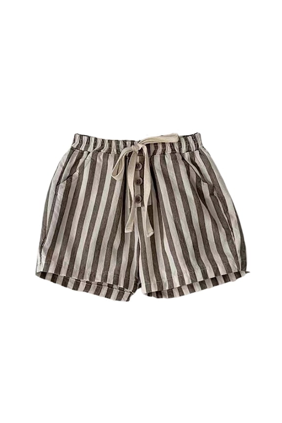 Kids' Elastic Waist Striped Shorts Drawstring Casual Shorts with Button Detail