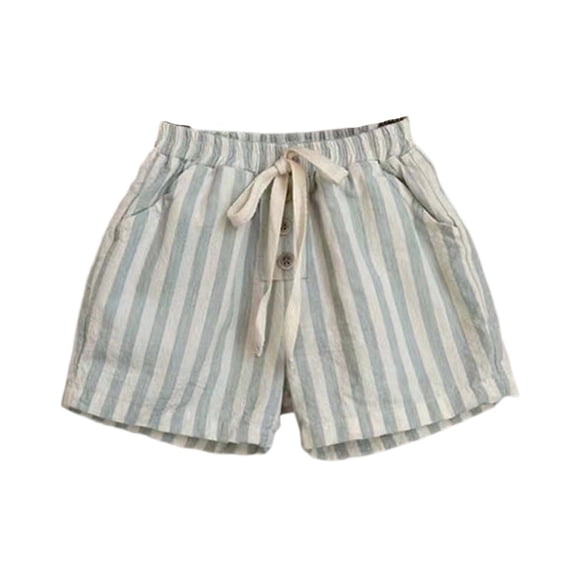 Umfun Kids' Elastic Waist Striped Shorts Drawstring Casual Shorts with Button Detail