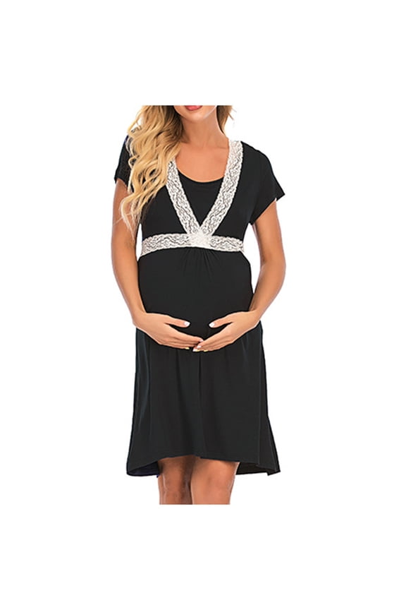 Lace Patchwork Maternity Nursing Dress Short Sleeve Waist Band Design Loose Flowy Knee Length Breathable Soft All Trimester Pregnancy Daily Postpartum Casual Home Wear