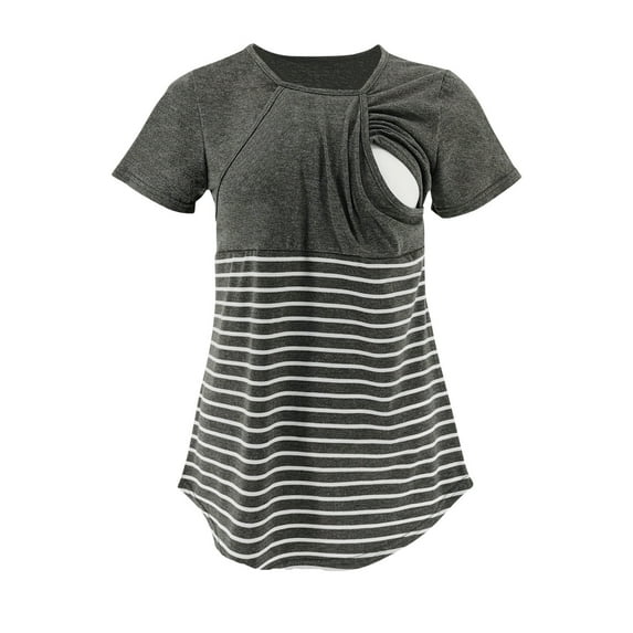 Umfun Ladies Fashion Solid Color Stripe Print Short Sleeve Breastfeeding Clothe Top Gray M