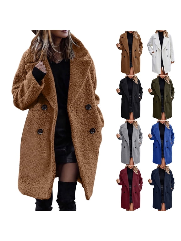 Long Teddy Fleece Double Breasted Coat for Women - Warm Plush Notched Lapel Outerwear for Cold Weather Commute and Winter Vacation