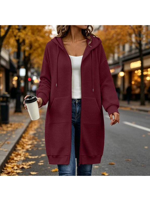Longline Full Zip Hoodies for Women Waffle Knit Drawstring Casual Fall Winter Oversized Cardigan Coats for Women with Pockets for Vacation Getaways and Daily Wear Activities