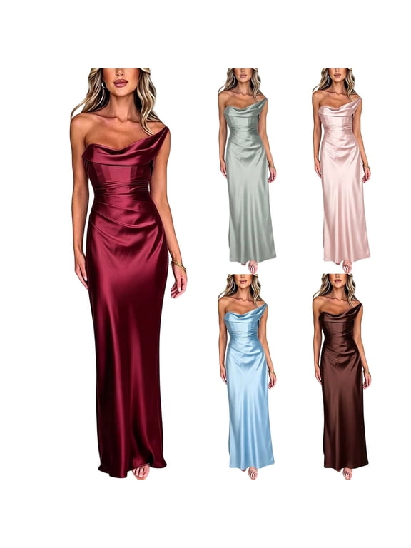 Luxurious Satin Cowl Neck Maxi Dress for Women - Ruched Waist Long Formal Gown Perfect for Evening Parties, Galas, Weddings, and Black Tie Events