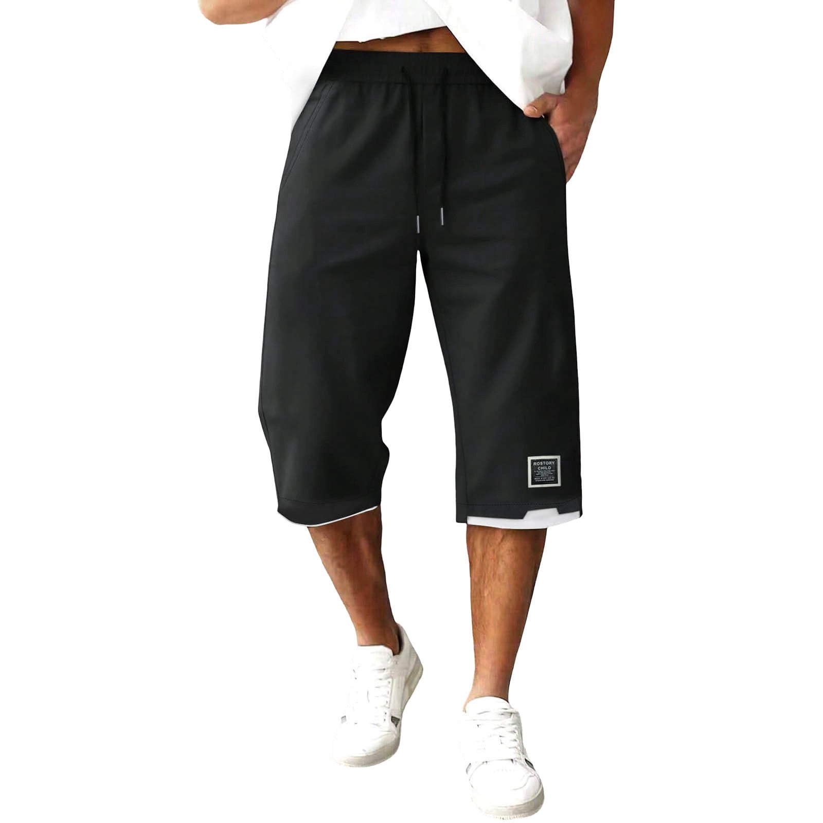 Umfun Men Casual Wide Leg Cropped Culotte Pants Loose Elastic