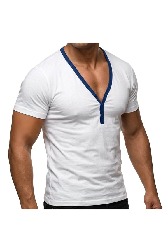 Men Deep V Neck Short Sleeve Henley T Shirt with Partial Button Placket Soft Stretchy Breathable Casual Urban Streetwear All Season Basic Top
