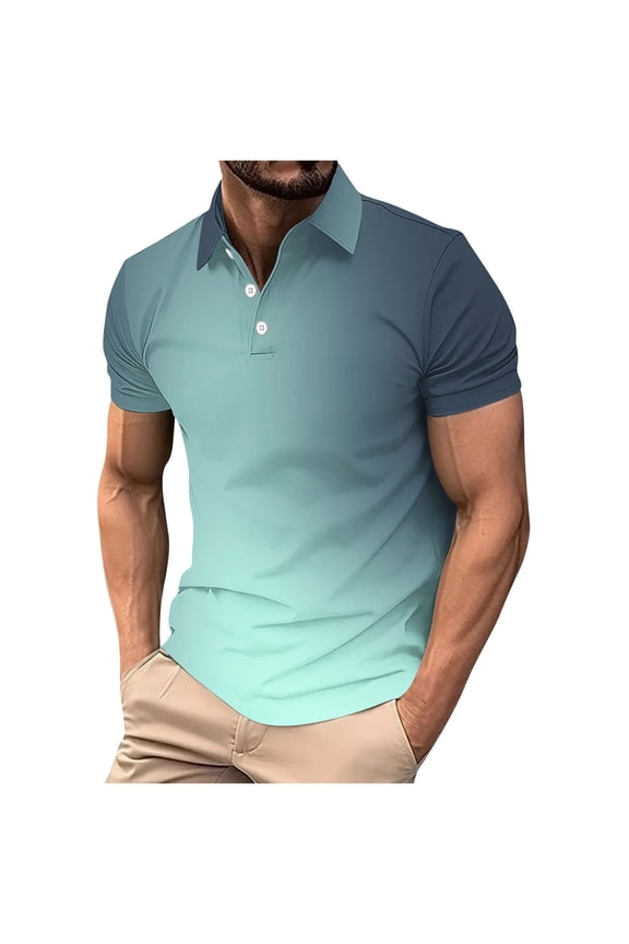 Men Ombre Gradient Short Sleeve Shirt Spread Collar with Partial Button Placket Slim Fit for Casual and Streetwear