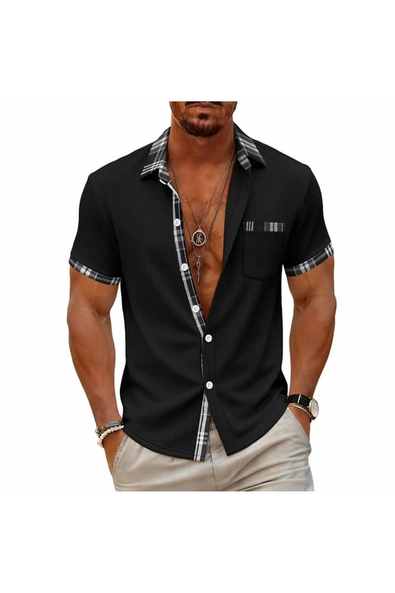 Men Plaid Trimmed Short Sleeve Button-Down Shirt Spread Collar with Checkered Collar Lightweight Textured Fabric for Casual and Semi-formal