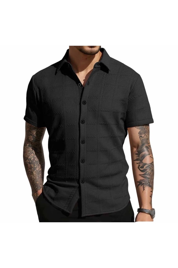 Men Quilted Textured Short Sleeve Button-Down Shirt Spread Collar with Full Button Placket Lightweight Casual Wear for Street and Daily
