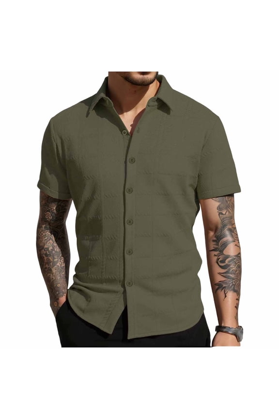 Men Quilted Textured Short Sleeve Button-Down Shirt Spread Collar with Full Button Placket Lightweight Casual Wear for Street and Daily
