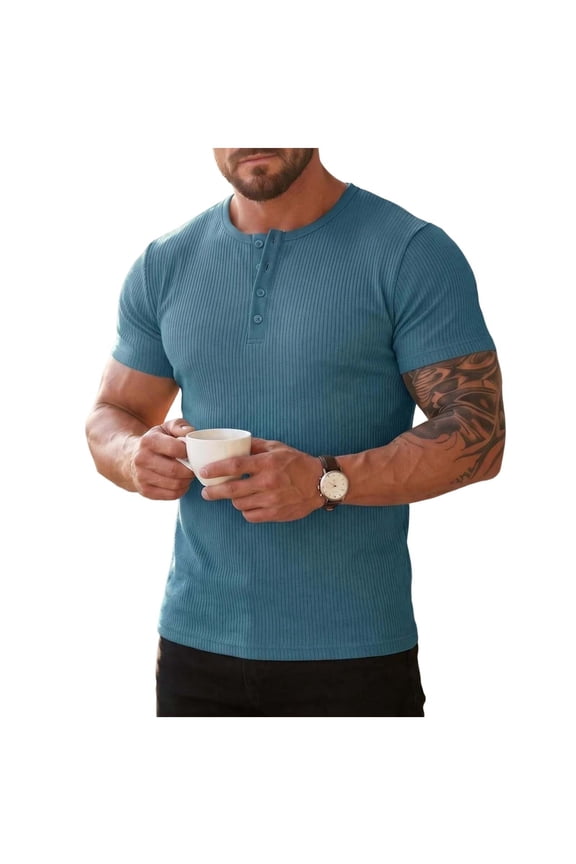 Men Ribbed Short Sleeve Henley Shirt Partial Button Placket Slim Fit Casual Wear for Street Daily Activities
