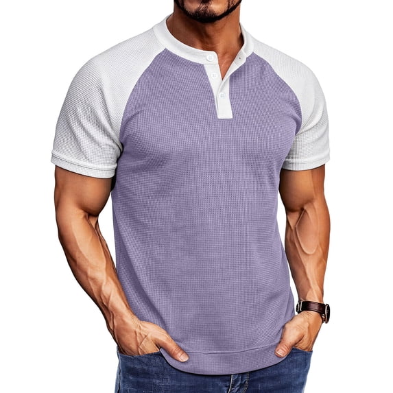 Umfun Men Short Sleeve Raglan Waffle Henley Shirt Color Block Two Tone with Three Button Placket Soft Breathable for Casual Daily Streetwear