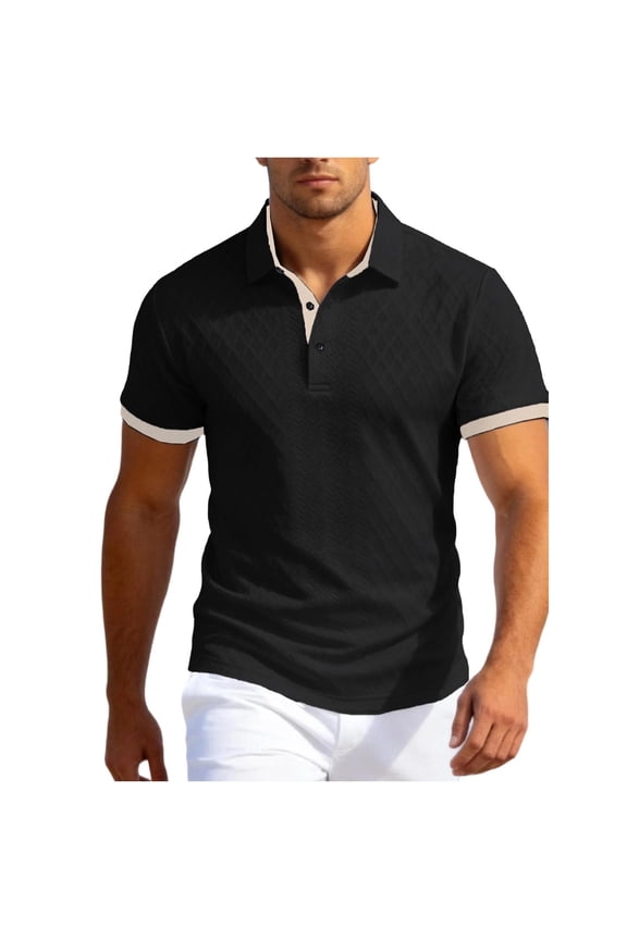 Men Short Sleeve Shirt Spread Collar with Contrast Trim Cuffs Slim Fit Casual Top