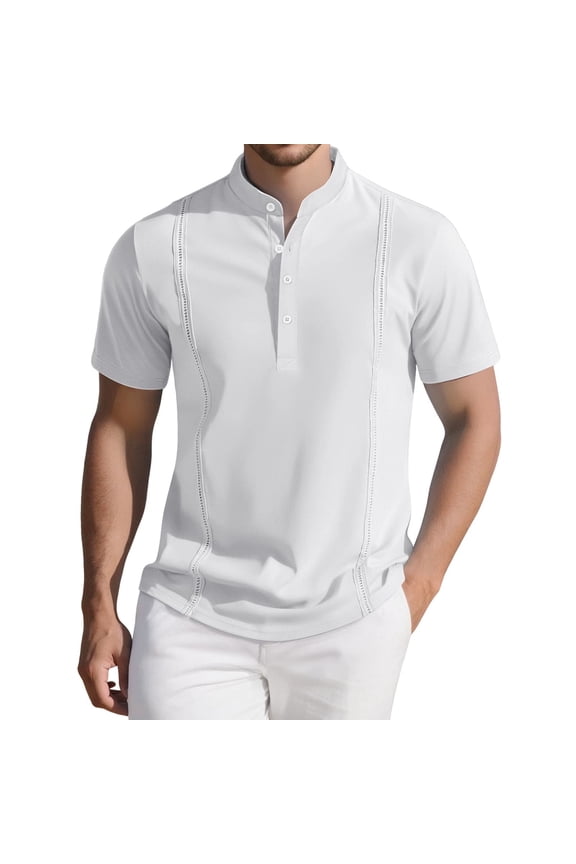 Men Stand Collar Short Sleeve Shirt Partial Button Placket with Eyelet Trim Breathable Fabric for Daily and Semi-formal Wear