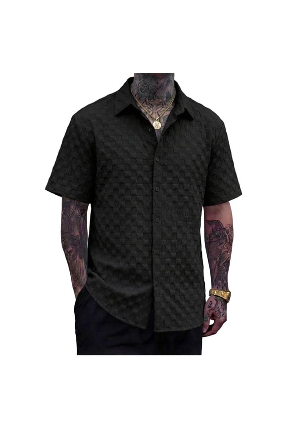 Men Textured Square Grid Short Sleeve Button-Down Shirt Spread Collar with Full Button Placket Lightweight Breathable for Casual and Vacation
