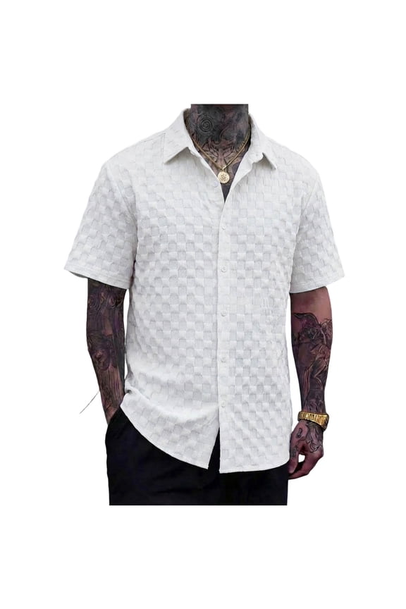 Men Textured Square Grid Short Sleeve Button-Down Shirt Spread Collar with Full Button Placket Lightweight Breathable for Casual and Vacation