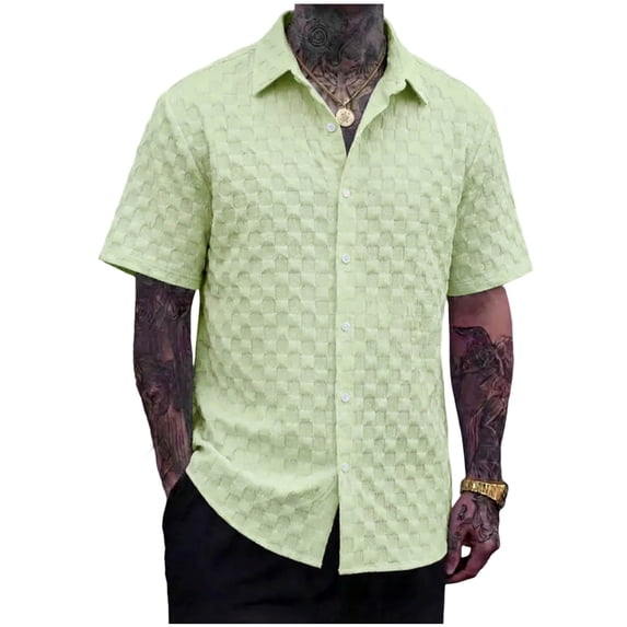 Umfun Men Textured Square Grid Short Sleeve Button-Down Shirt Spread Collar with Full Button Placket Lightweight Breathable for Casual and Vacation