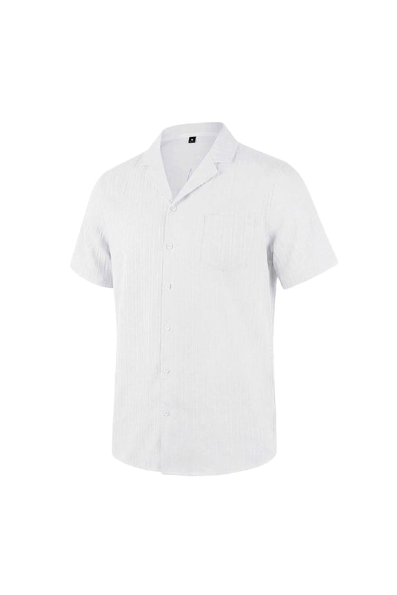Men Textured Vertical Stripe Short Sleeve Camp Collar Shirt Full Button Placket with Chest Pocket Lightweight Casual Wear