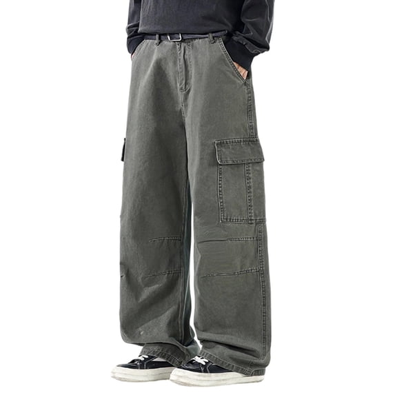 Umfun Men Vintage Denim Cargo Pants Wide Leg Baggy Full Length Retro Street Trousers with Belt Waist for Fashion Street and Casual Daily Matching