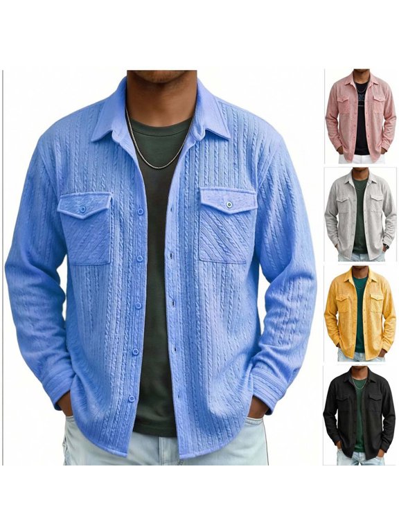 Men's & Big Men's Cable Knit Button Down Shacket Long Sleeve Collared Shirt Jacket with Flap Pockets Casual Overshirt for Fall Winter Daily Streetwear