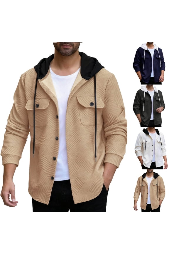 Men's & Big Men's Hooded Shacket Button Down Casual Collared Shirt Jacket with Flap Pockets Drawstring Hood Relaxed Fit Autumn Winter Outdoor Daily Wear