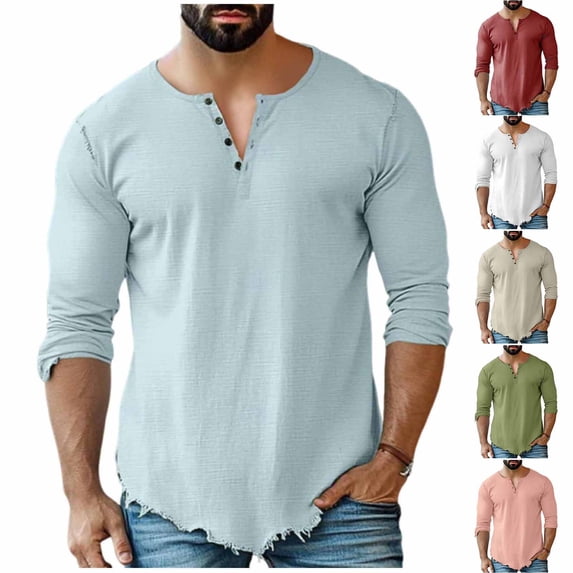 Umfun Men's & Big Men's Long Sleeve Henley Shirt Distressed Hem Casual Button Placket Pullover Top Lightweight Breathable Tunic for Fall Spring Vacation Daily Wear
