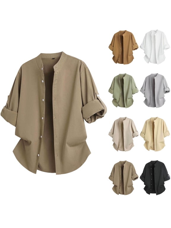 Men's & Big Men's Mandarin Collar Button Down Shirt Long Sleeve Casual Relaxed Fit Lightweight Tunic Top with Side Hem Details Breathable Vacation Beach Shirt for Spring Fall