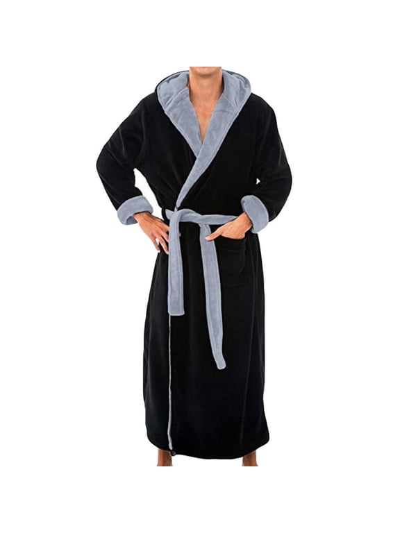 Men's Big & Tall Hooded Fleece Full-Length Bathrobe - Oversized Plush Spa Robe with Contrast Trim, Winter Warm Wrap (S-5XL)