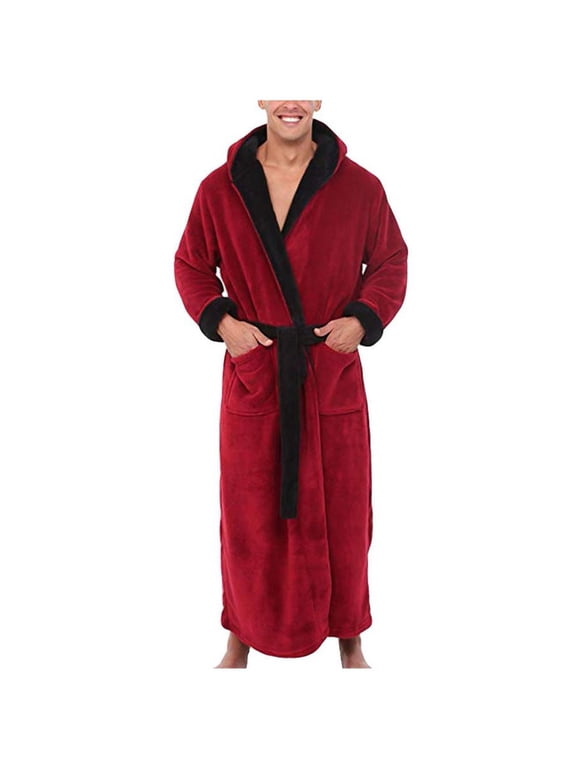 Men's Big & Tall Hooded Fleece Full-Length Bathrobe - Oversized Plush Spa Robe with Contrast Trim, Winter Warm Wrap (S-5XL)