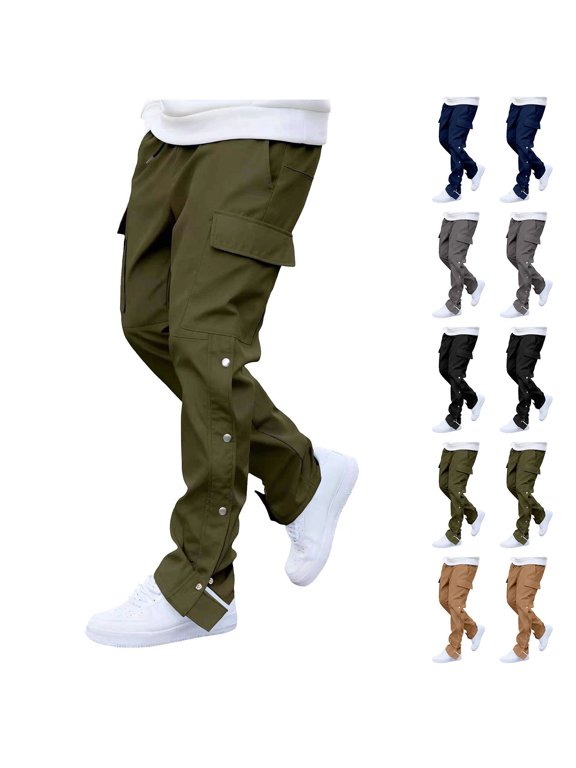 Cargo Pants for Men with Side Snap Buttons Slim Fit Straight Leg Work Trousers Drawstring Elastic Waist Outdoor Hiking Autumn Winter Utility Bottoms for Men