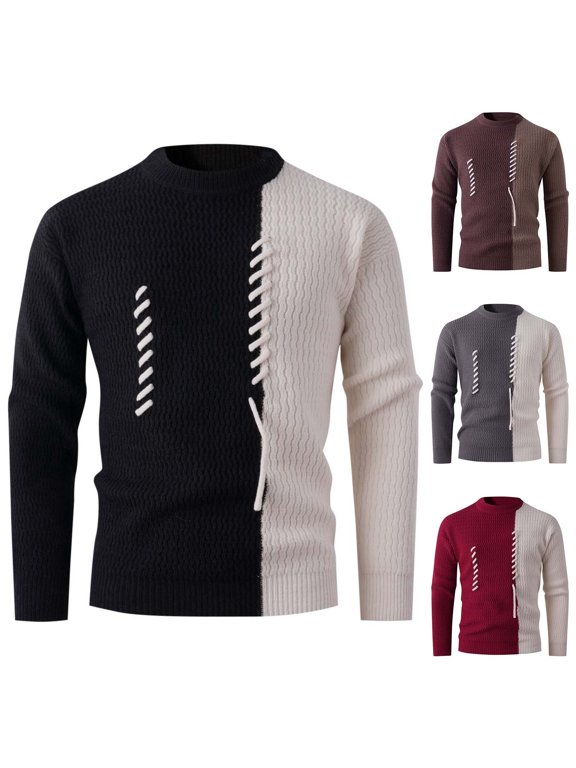 Men's Color Block Crewneck Sweater — Trendy Half And Half Knit Pullover Jumper with Lace-Up Detail Texture Long Sleeve Top for Urban Streetwear and Fashionable Daily Outings