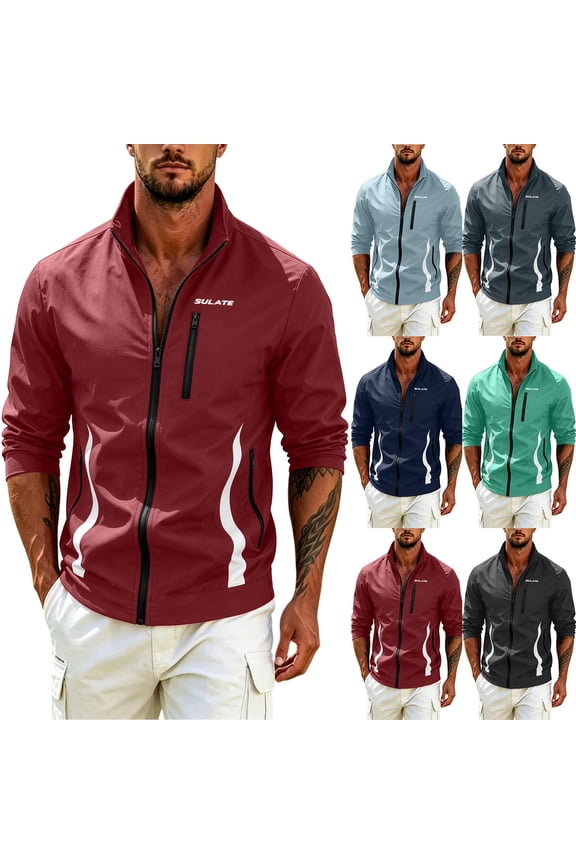 Men's Lightweight Full Zip Running Jacket Stand Collar Windbreaker Performance Track Coat with Chest Pocket and Reflective Accents for Gym Sports Spring Fall