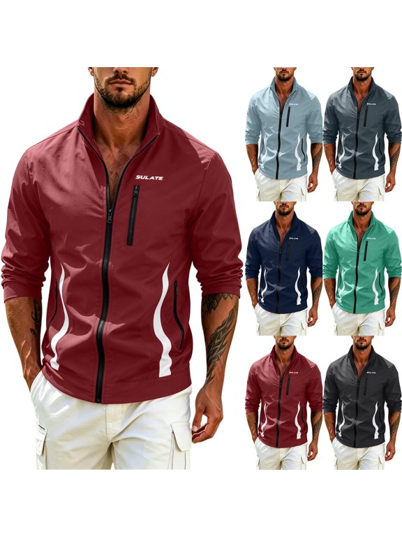 Lightweight Full Zip Running Jackets for Men Stand Collar Windbreaker Performance Track Coat with Chest Pocket and Reflective Accents for Gym Sports Spring Fall