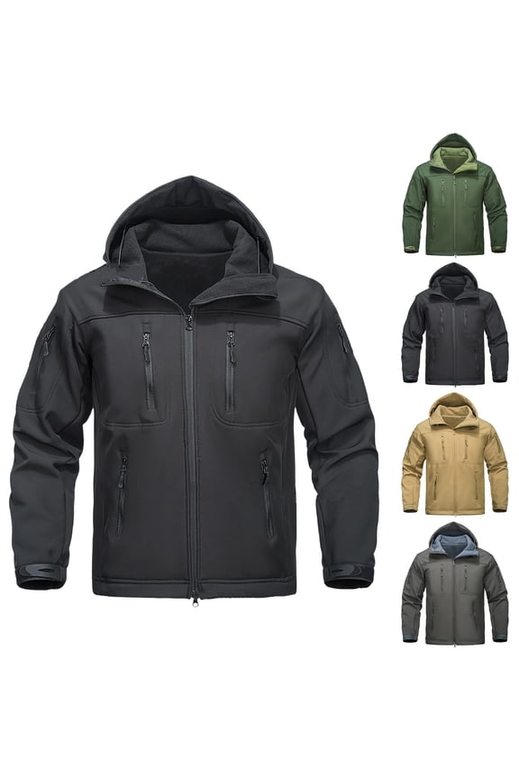 Men's Performance Softshell Jacket Hooded Full Zip Waterproof Windproof Outdoor Coat with Multiple Zippered Pockets for Hiking Camping Work